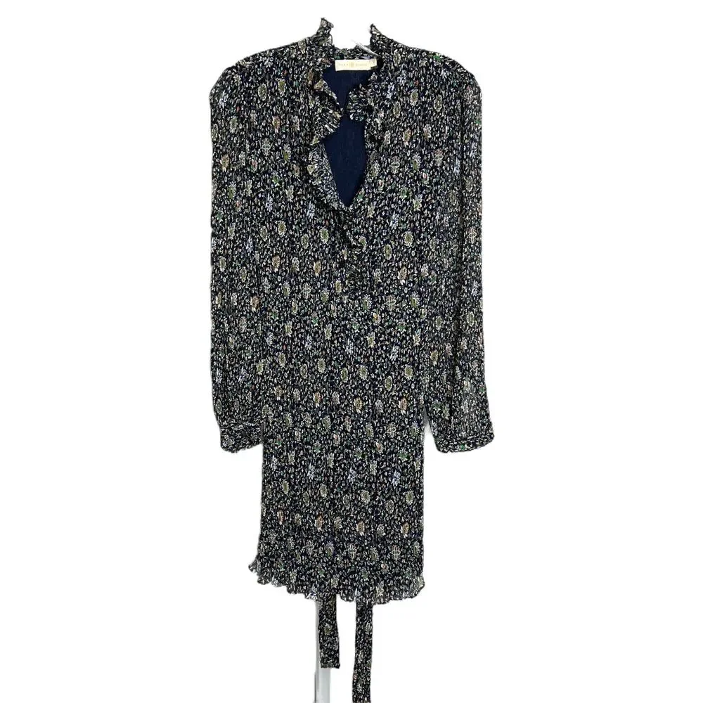 Tory Burch Women's‎ Sz 2 Midi Shift Dress Livia Navy Iris Garden Pleated Tie